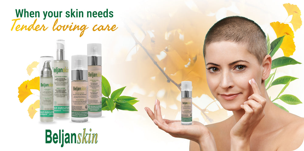 The Beljanskin® skincare line: face serum, facial cream, body lotion and hand cream, with golden ginkgo leaves and green tea leaves