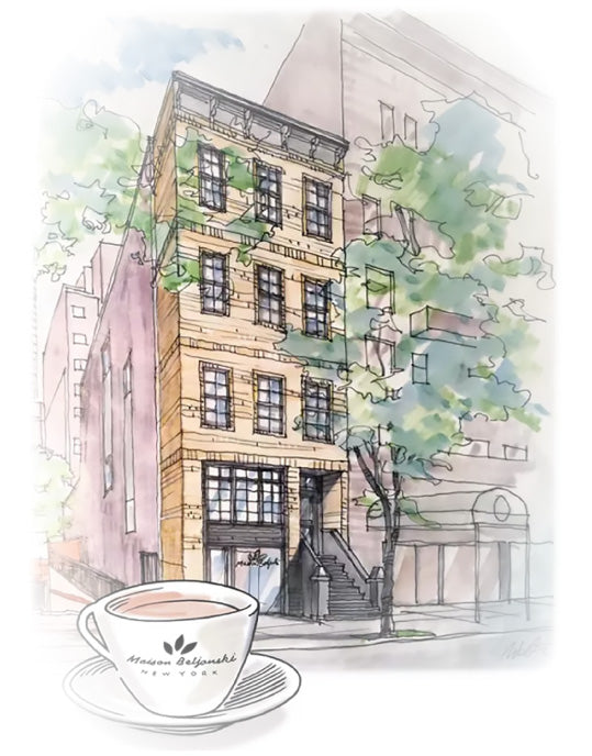 Watercolor illustration of the Maison Beljanski townhouse in New York with a cup of tea in the foreground
