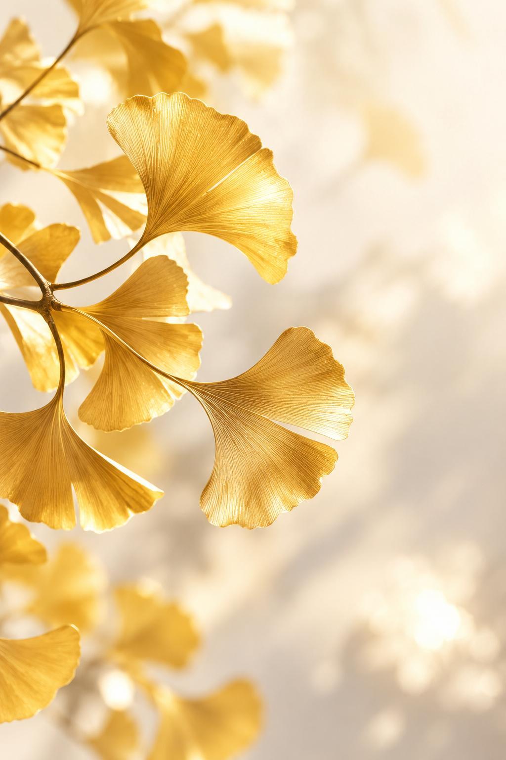 Golden autumn Ginkgo biloba leaves in sunlight