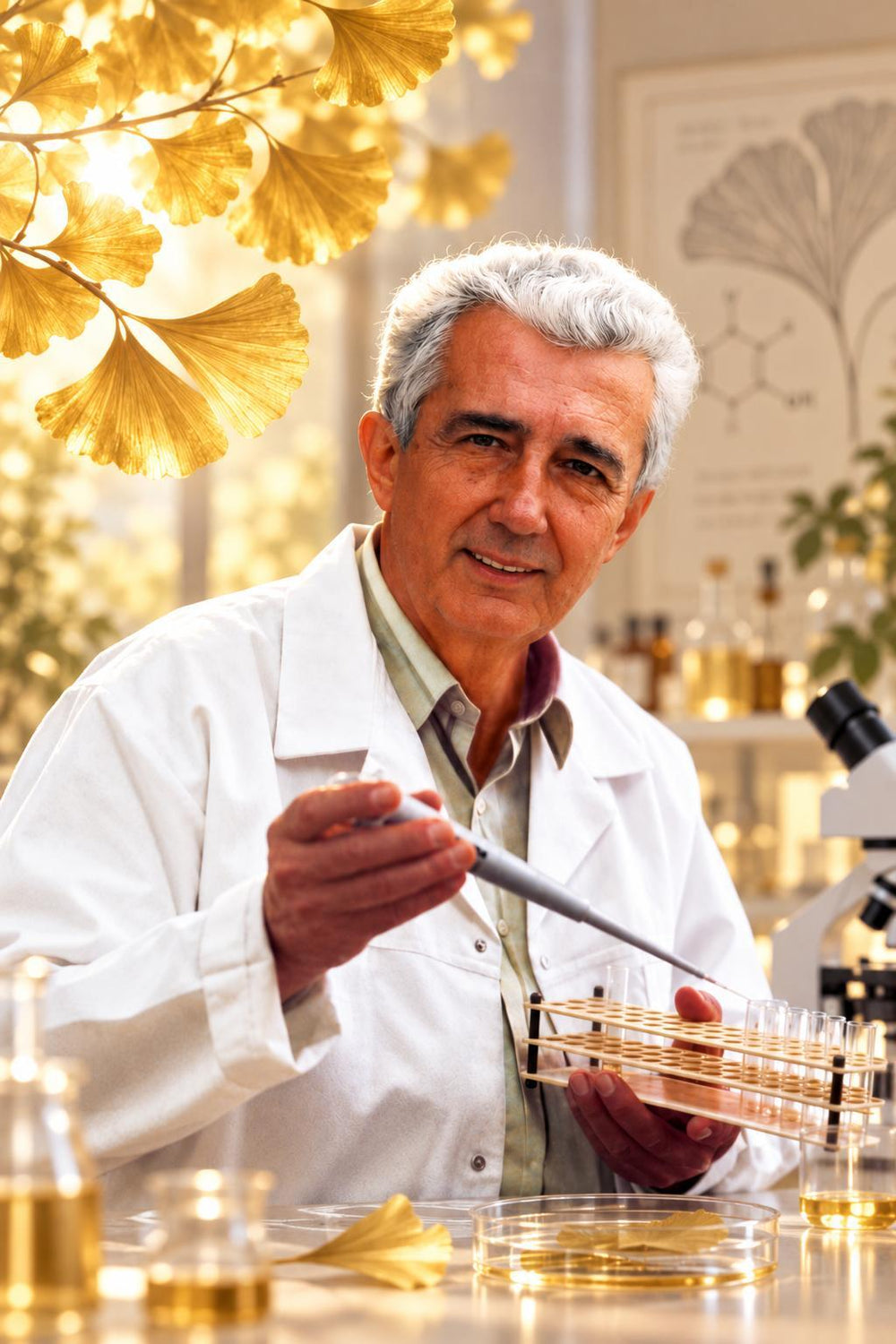 Mirko Beljanski, PhD, at the laboratory bench with golden ginkgo leaves