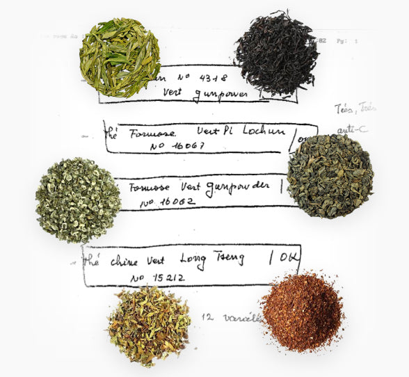 Mirko Beljanski’s handwritten laboratory note listing four green teas, surrounded by loose tea leaves